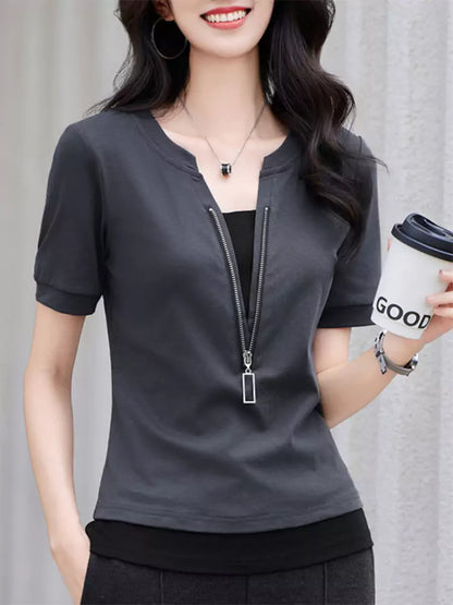 Faux Two-Piece Contrast Zip Detail Short Sleeve Slim-Fit Top