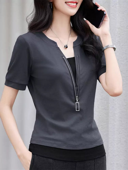 Faux Two-Piece Contrast Zip Detail Short Sleeve Slim-Fit Top