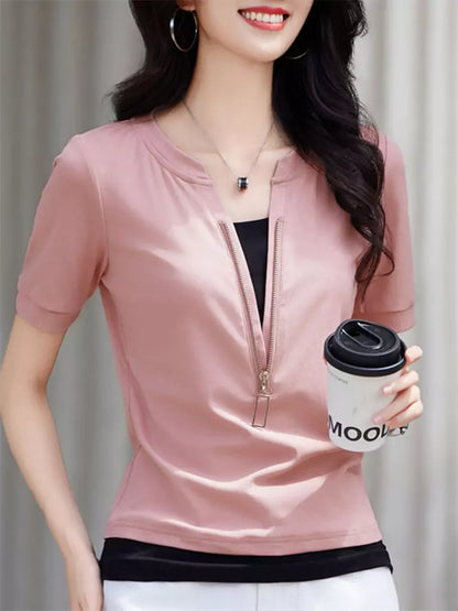 Faux Two-Piece Contrast Zip Detail Short Sleeve Slim-Fit Top
