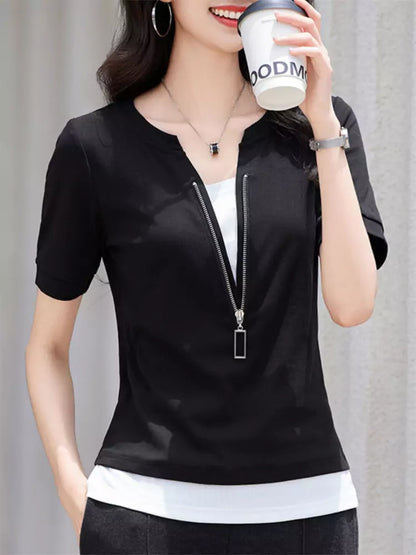 Faux Two-Piece Contrast Zip Detail Short Sleeve Slim-Fit Top