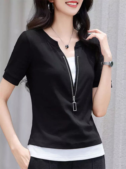 Faux Two-Piece Contrast Zip Detail Short Sleeve Slim-Fit Top