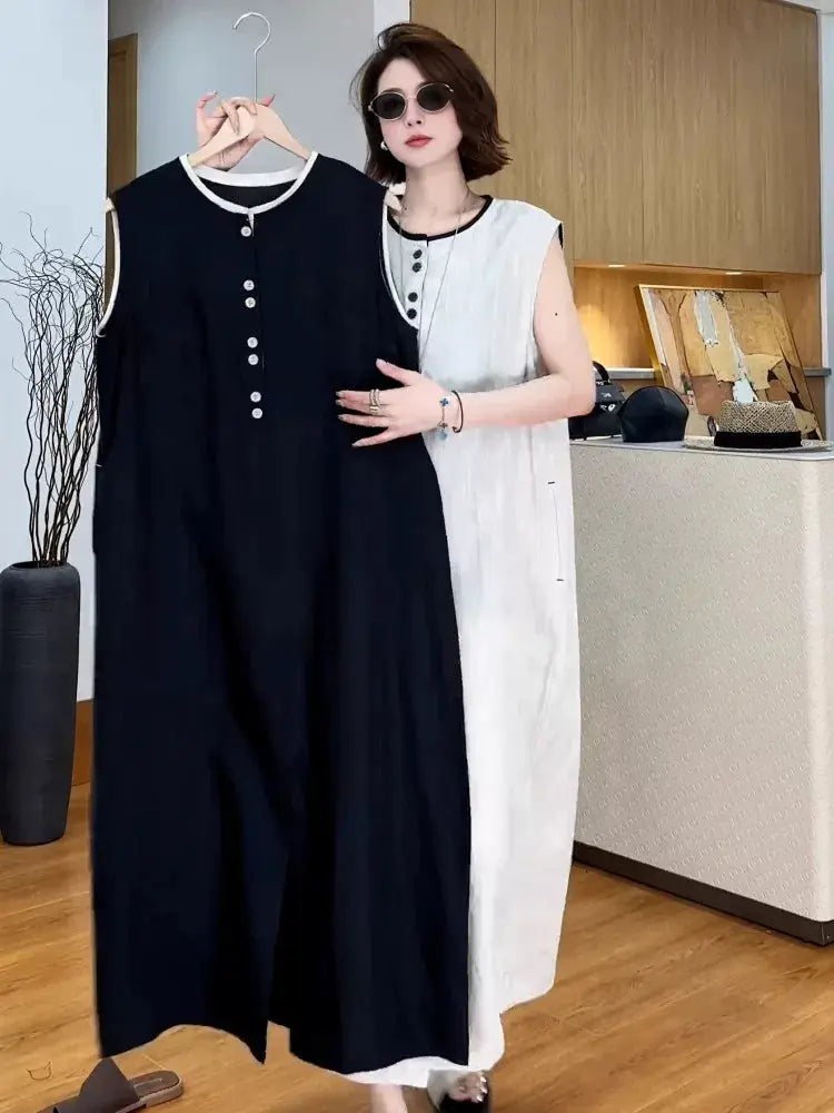 French Linen Sleeveless Midi Dress with Side Slit