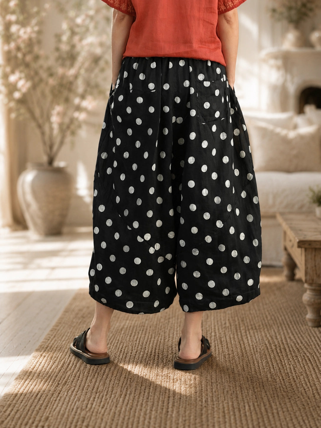 100% Ramie Balloon-Leg Cropped Pants with Polka Dots