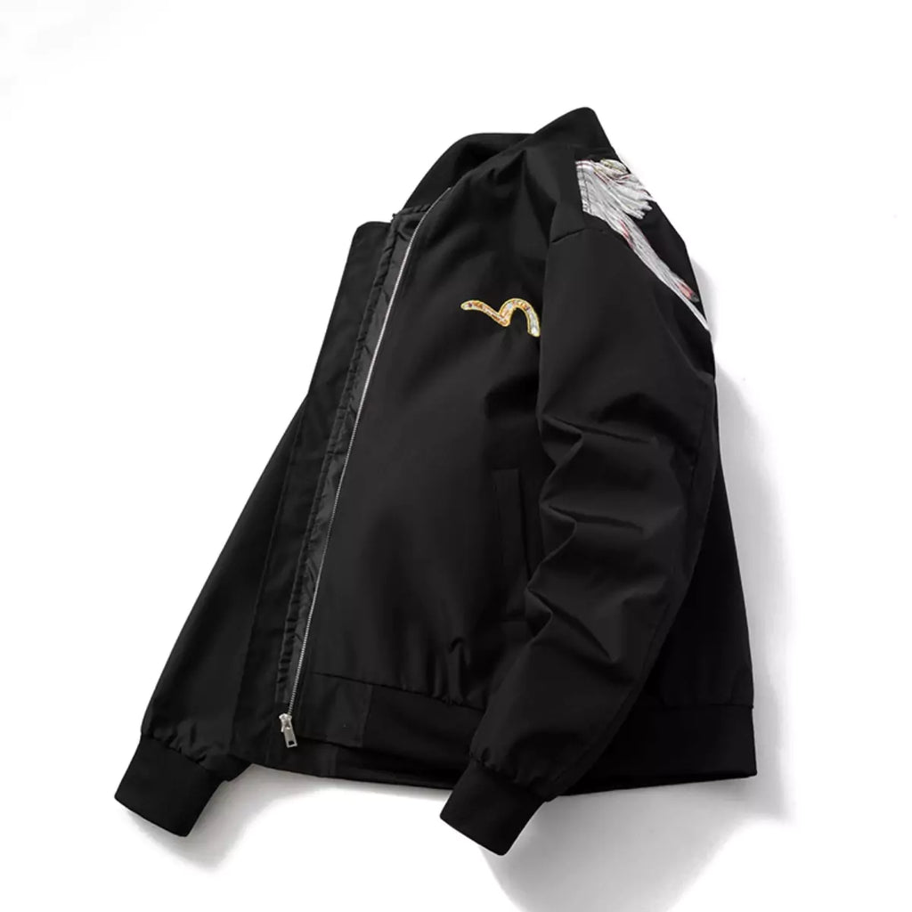 Baseballjacke mit gefiederten Flügeln und Stickerei