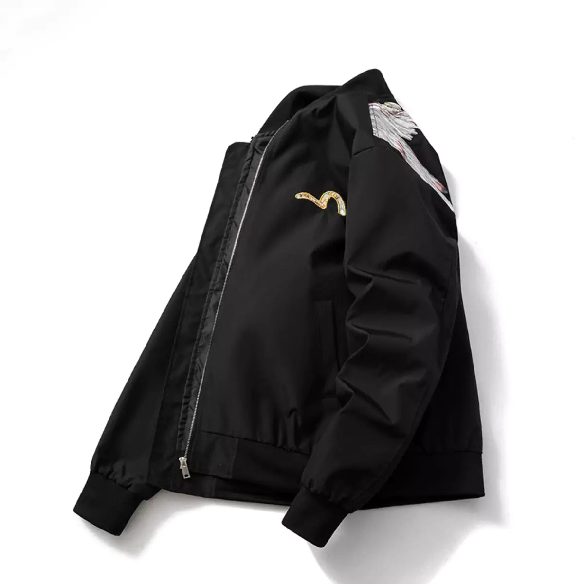 Chaqueta de béisbol informal con alas emplumadas bordadas