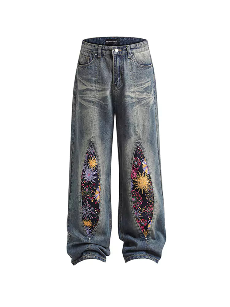 Damen-Jeanshose mit Patchwork-Details im Feuerwerksmuster