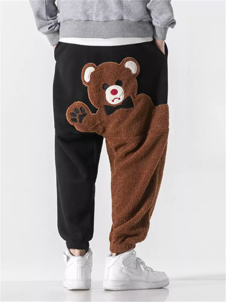 Pantalones bombachos extragrandes de polar con diseño de oso de dibujos animados para hombre