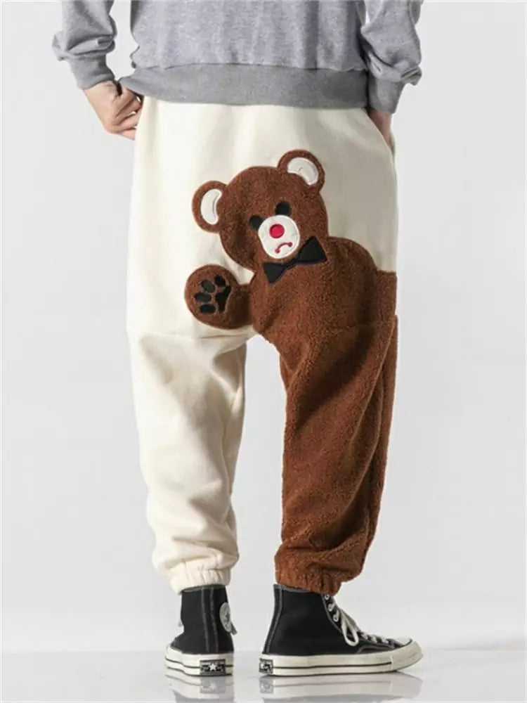 Pantalones bombachos extragrandes de polar con diseño de oso de dibujos animados para hombre