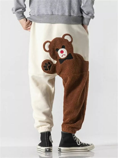 Oversized Fleece Cartoon Bear Harem Pants for Men