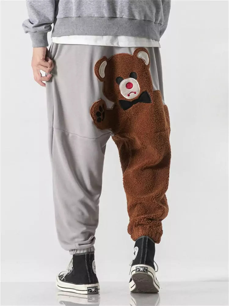 Pantalones bombachos extragrandes de polar con diseño de oso de dibujos animados para hombre