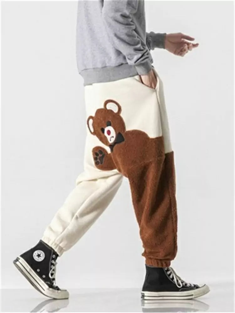 Pantalones bombachos extragrandes de polar con diseño de oso de dibujos animados para hombre