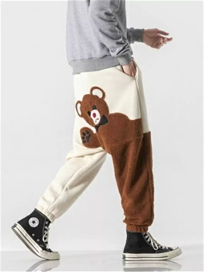 Oversized Fleece Cartoon Bear Harem Pants for Men