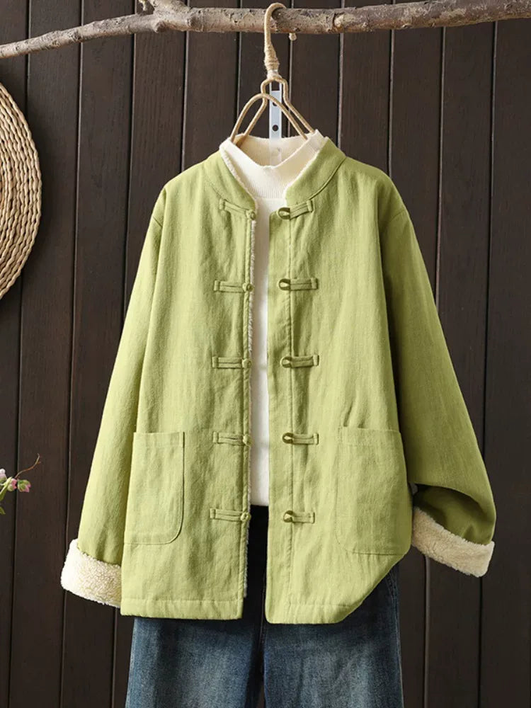 Fleece-Lined Mandarin Collar Frog Button Padded Jacket