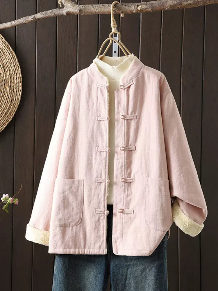 Fleece-Lined Mandarin Collar Frog Button Padded Jacket