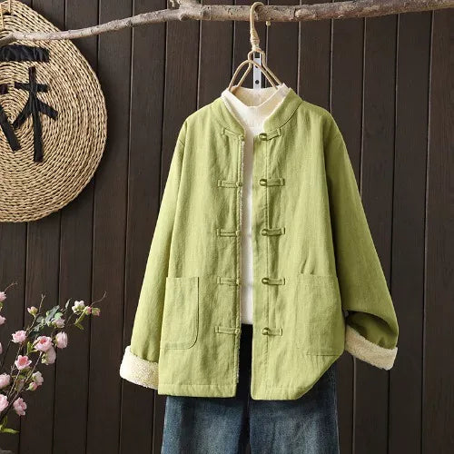 Fleece-Lined Mandarin Collar Frog Button Padded Jacket