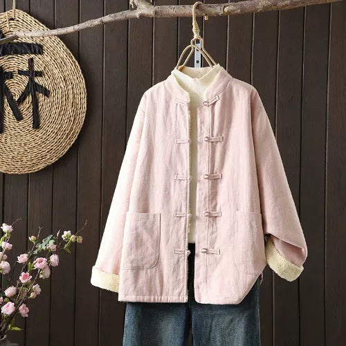 Fleece-Lined Mandarin Collar Frog Button Padded Jacket