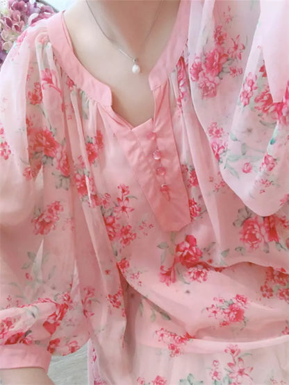 Floral Print Chiffon Loose Fit Blouse Lantern Sleeve