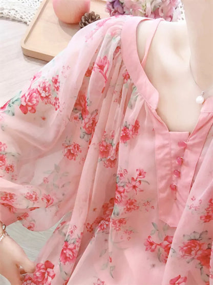 Floral Print Chiffon Loose Fit Blouse Lantern Sleeve