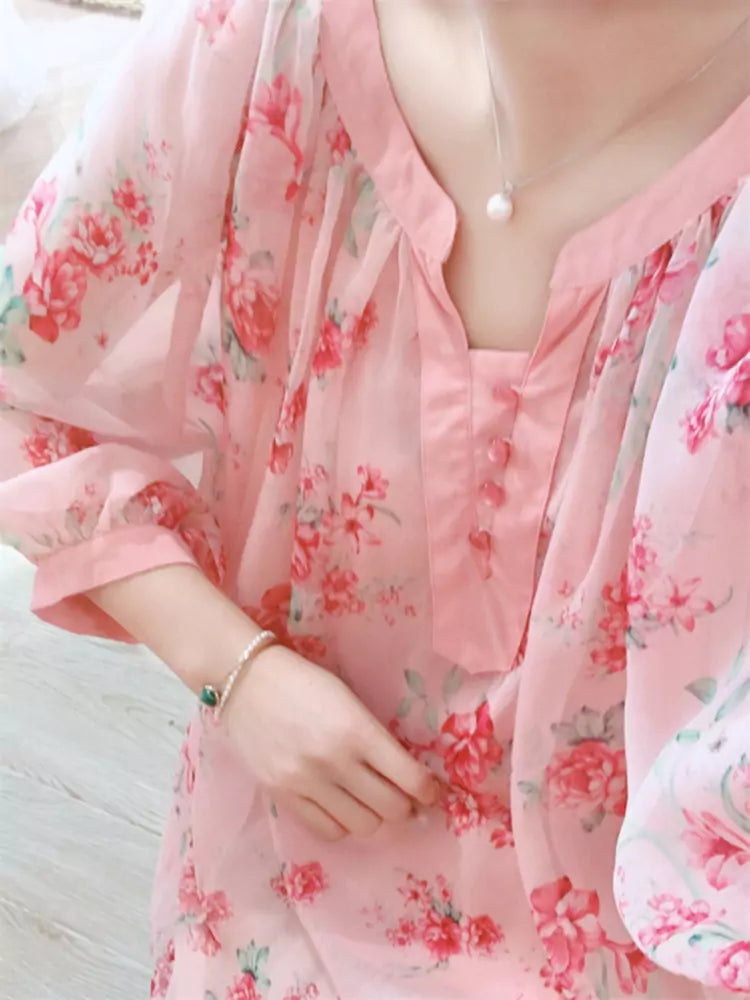 Floral Print Chiffon Loose Fit Blouse Lantern Sleeve