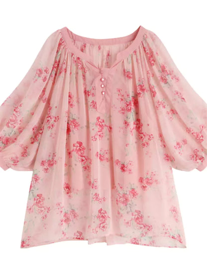 Floral Print Chiffon Loose Fit Blouse Lantern Sleeve