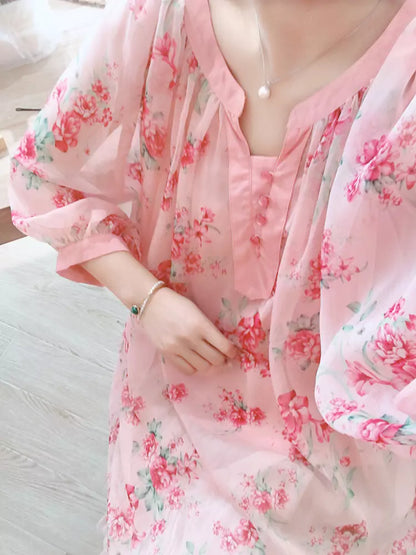 Floral Print Chiffon Loose Fit Blouse Lantern Sleeve