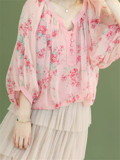 Floral Print Chiffon Loose Fit Blouse Lantern Sleeve