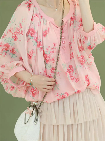 Floral Print Chiffon Loose Fit Blouse Lantern Sleeve