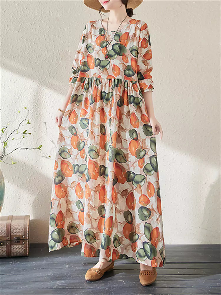 Retro-Maxikleid aus Baumwoll-Leinen-Mischgewebe mit Blumenmuster und langen Ärmeln