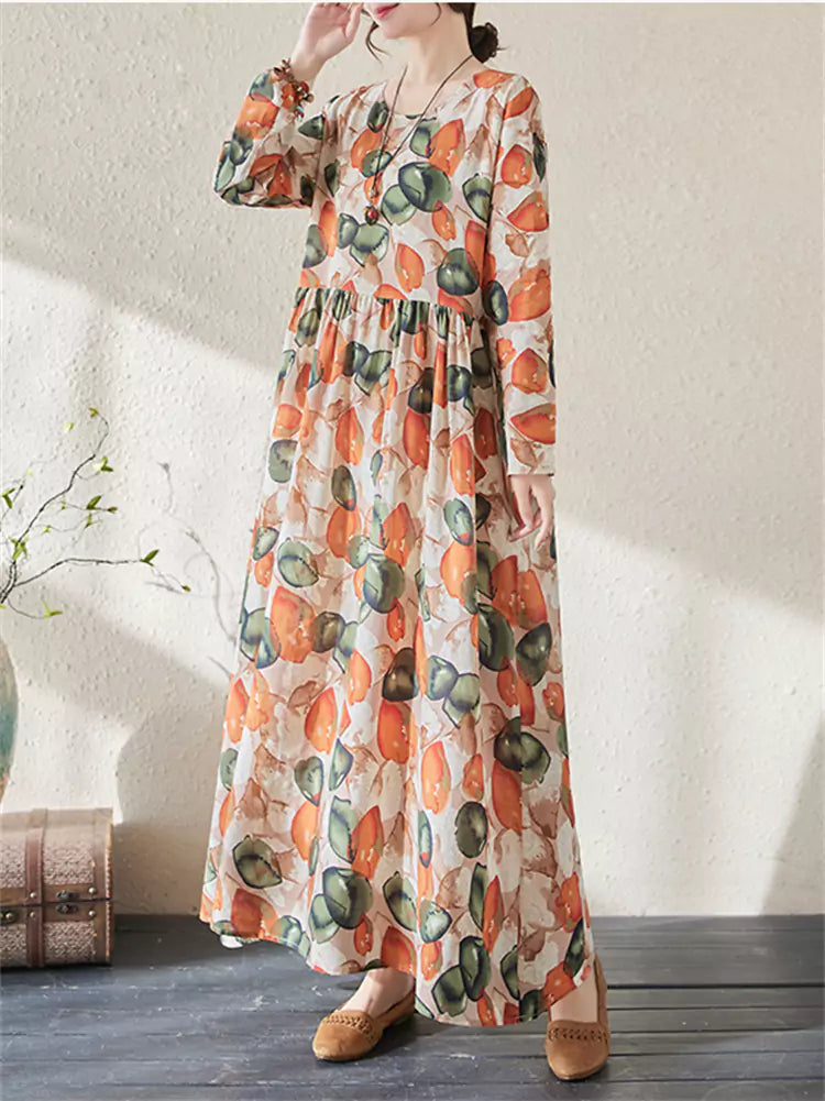 Retro-Maxikleid aus Baumwoll-Leinen-Mischgewebe mit Blumenmuster und langen Ärmeln