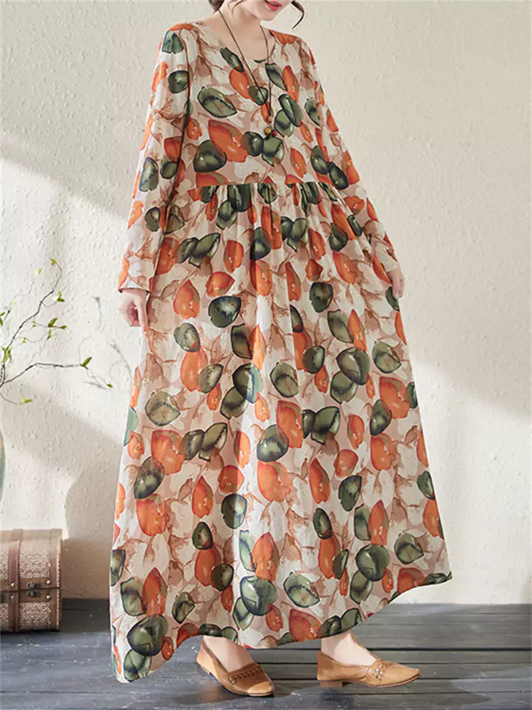 Retro-Maxikleid aus Baumwoll-Leinen-Mischgewebe mit Blumenmuster und langen Ärmeln