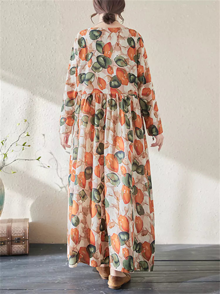 Retro-Maxikleid aus Baumwoll-Leinen-Mischgewebe mit Blumenmuster und langen Ärmeln