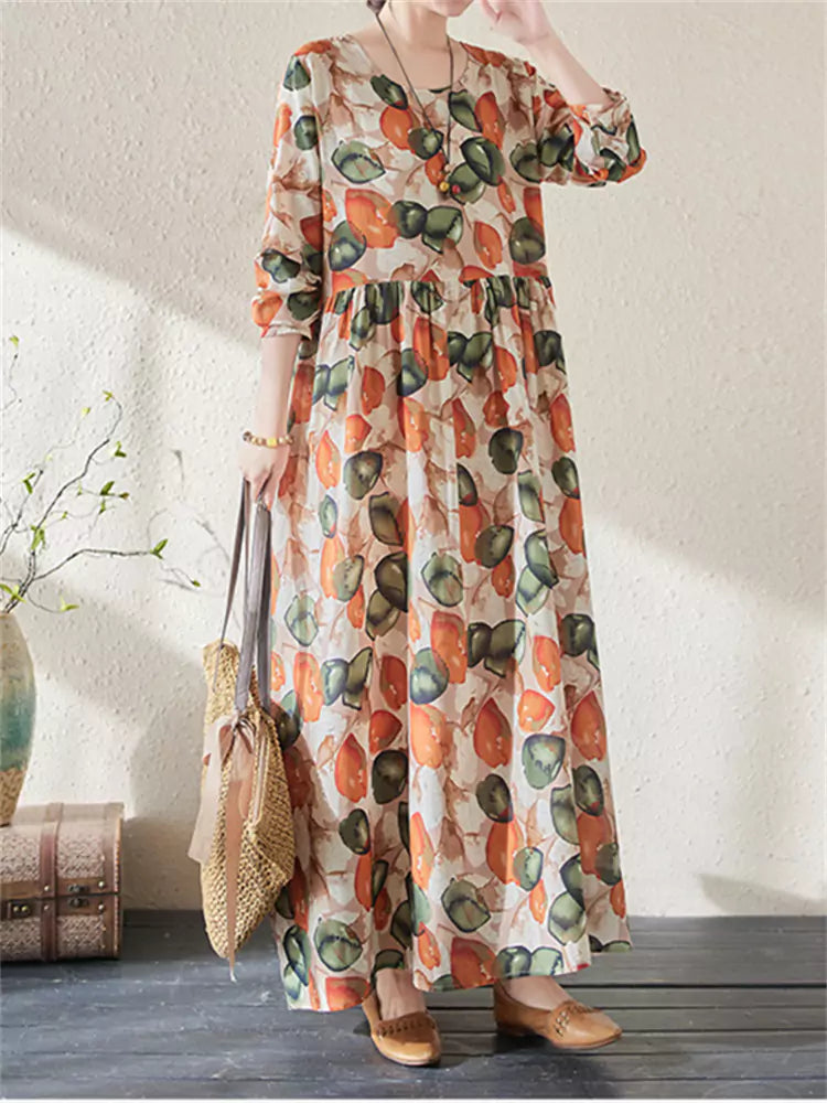 Retro-Maxikleid aus Baumwoll-Leinen-Mischgewebe mit Blumenmuster und langen Ärmeln