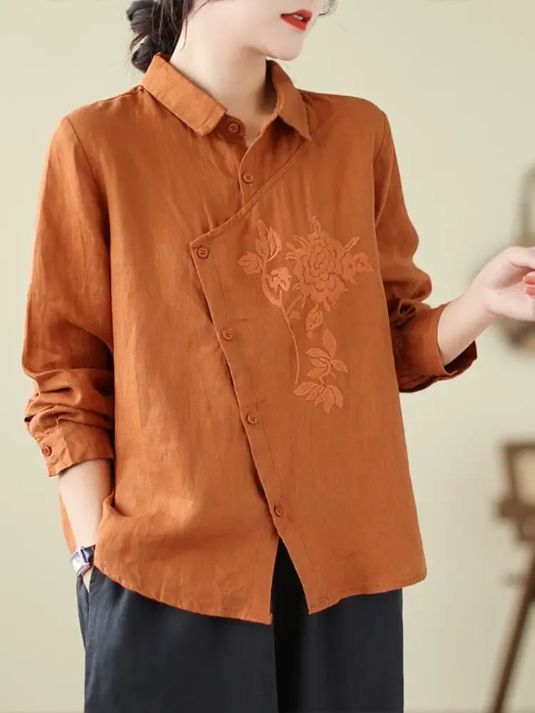 Floral Embroidered Asymmetrical Placket Long Sleeve Shirt