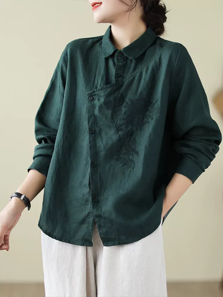 Floral Embroidered Asymmetrical Placket Long Sleeve Shirt