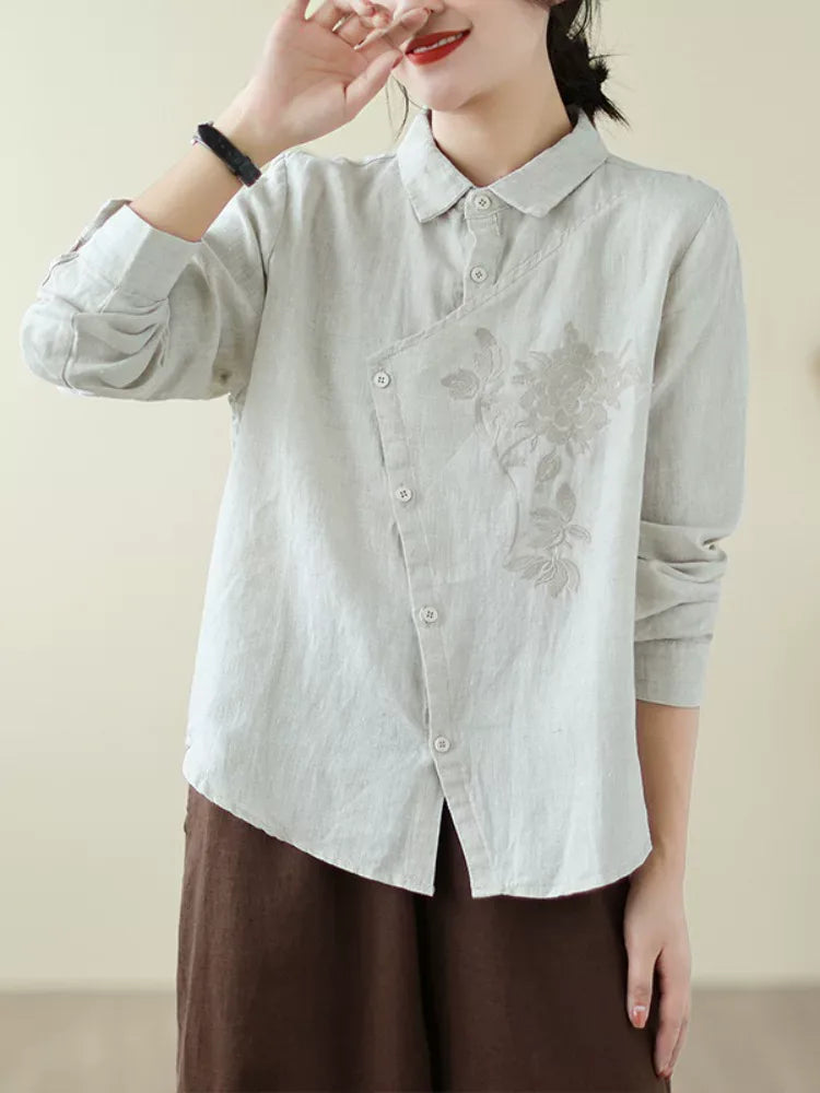 Floral Embroidered Asymmetrical Placket Long Sleeve Shirt