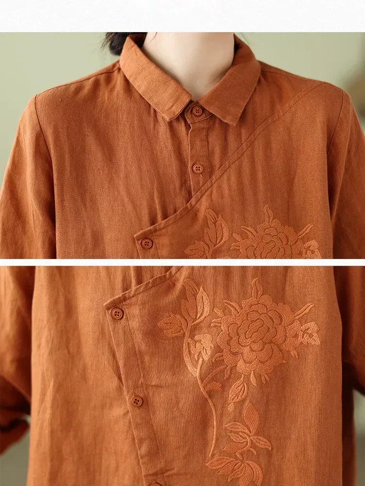 Floral Embroidered Asymmetrical Placket Long Sleeve Shirt