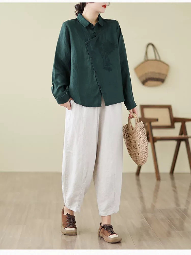Floral Embroidered Asymmetrical Placket Long Sleeve Shirt