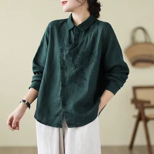 Floral Embroidered Asymmetrical Placket Long Sleeve Shirt