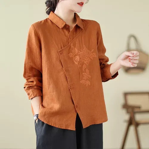 Floral Embroidered Asymmetrical Placket Long Sleeve Shirt