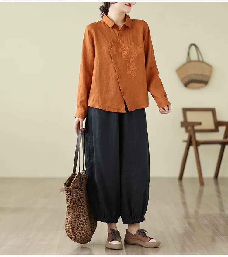 Floral Embroidered Asymmetrical Placket Long Sleeve Shirt