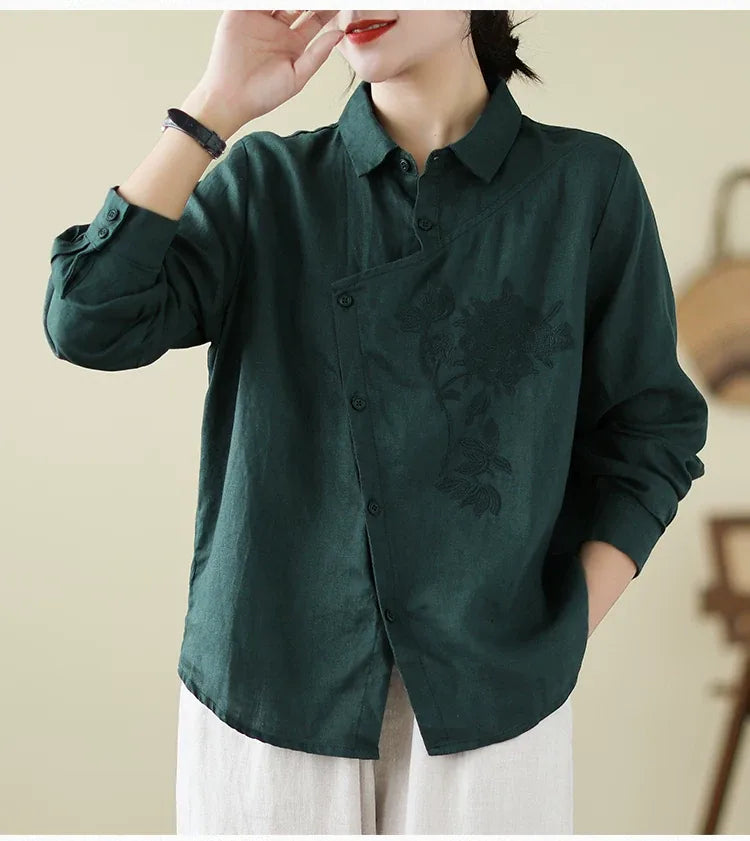 Floral Embroidered Asymmetrical Placket Long Sleeve Shirt