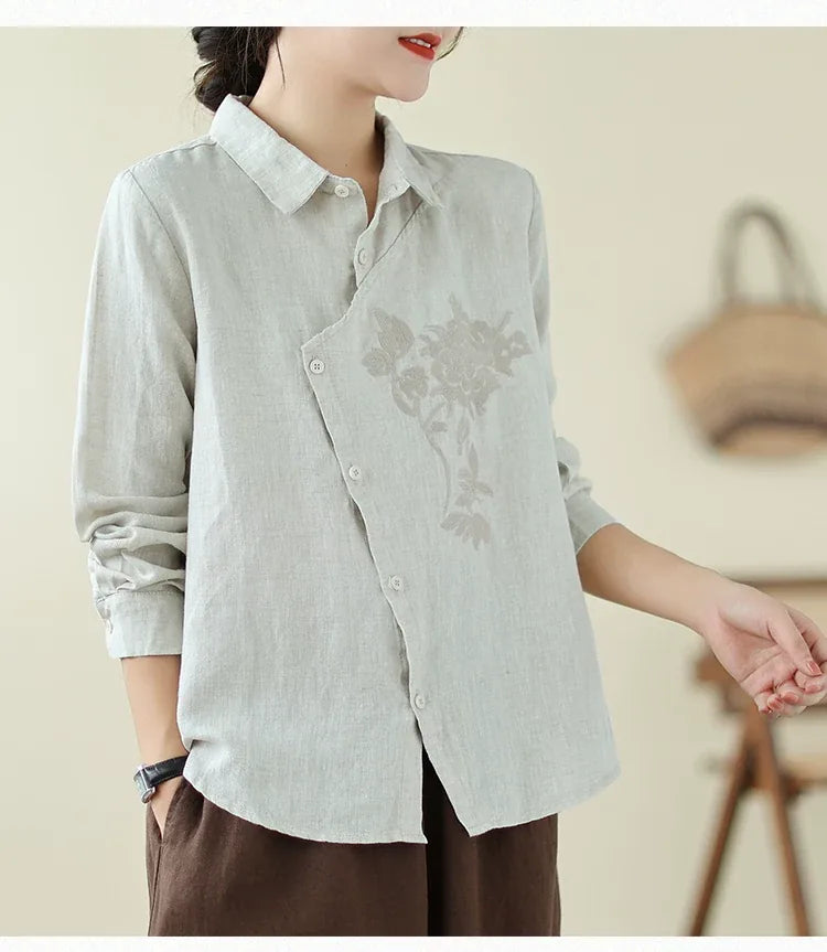 Floral Embroidered Asymmetrical Placket Long Sleeve Shirt