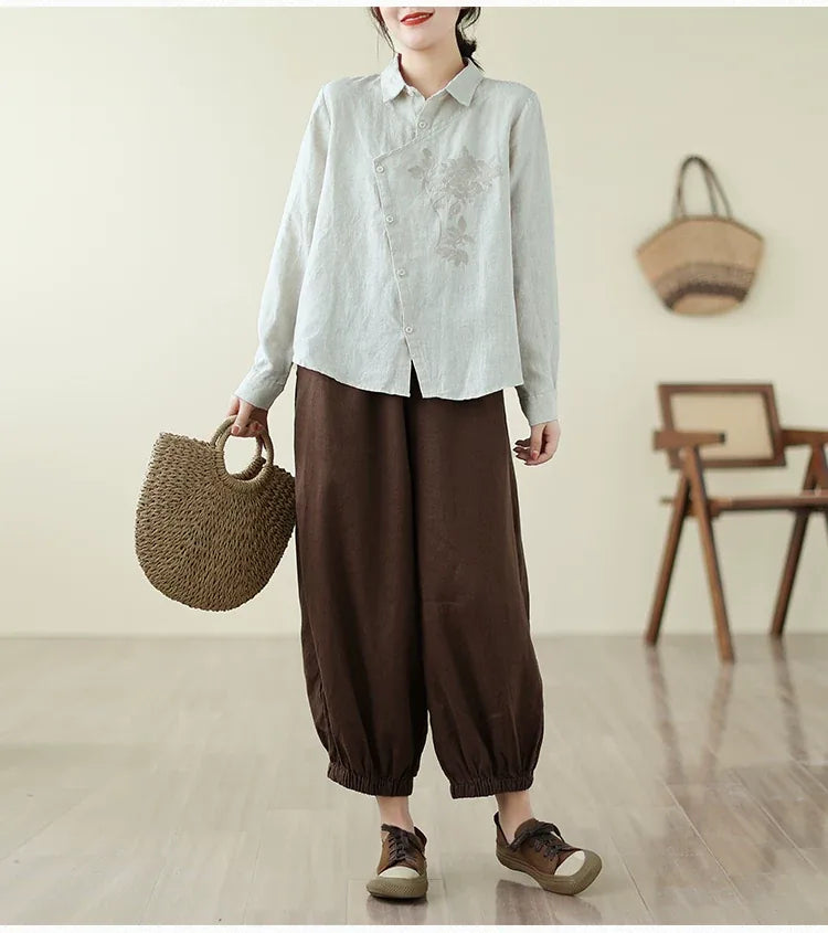 Floral Embroidered Asymmetrical Placket Long Sleeve Shirt