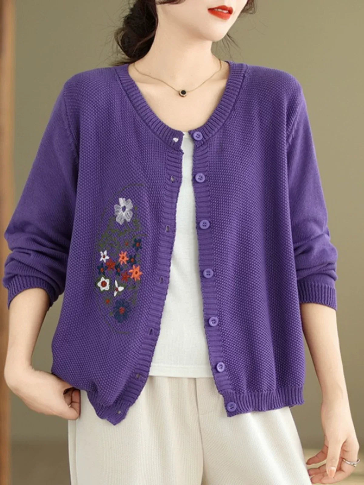 Floral Embroidered Cotton Knit Button Front Cardigan