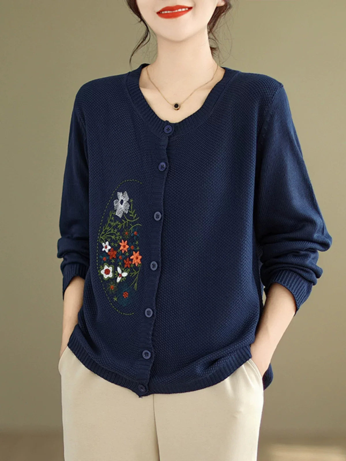 Floral Embroidered Cotton Knit Button Front Cardigan