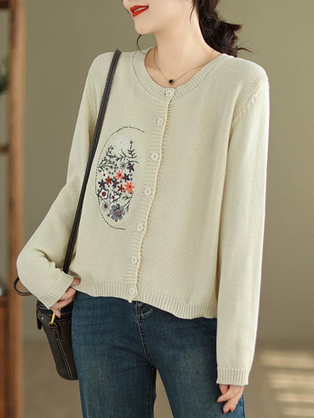 Floral Embroidered Cotton Knit Button Front Cardigan