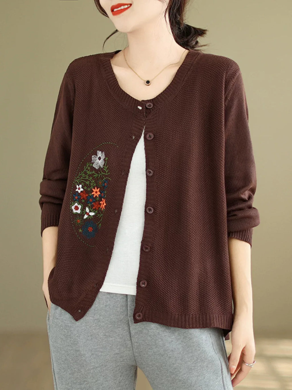 Floral Embroidered Cotton Knit Button Front Cardigan