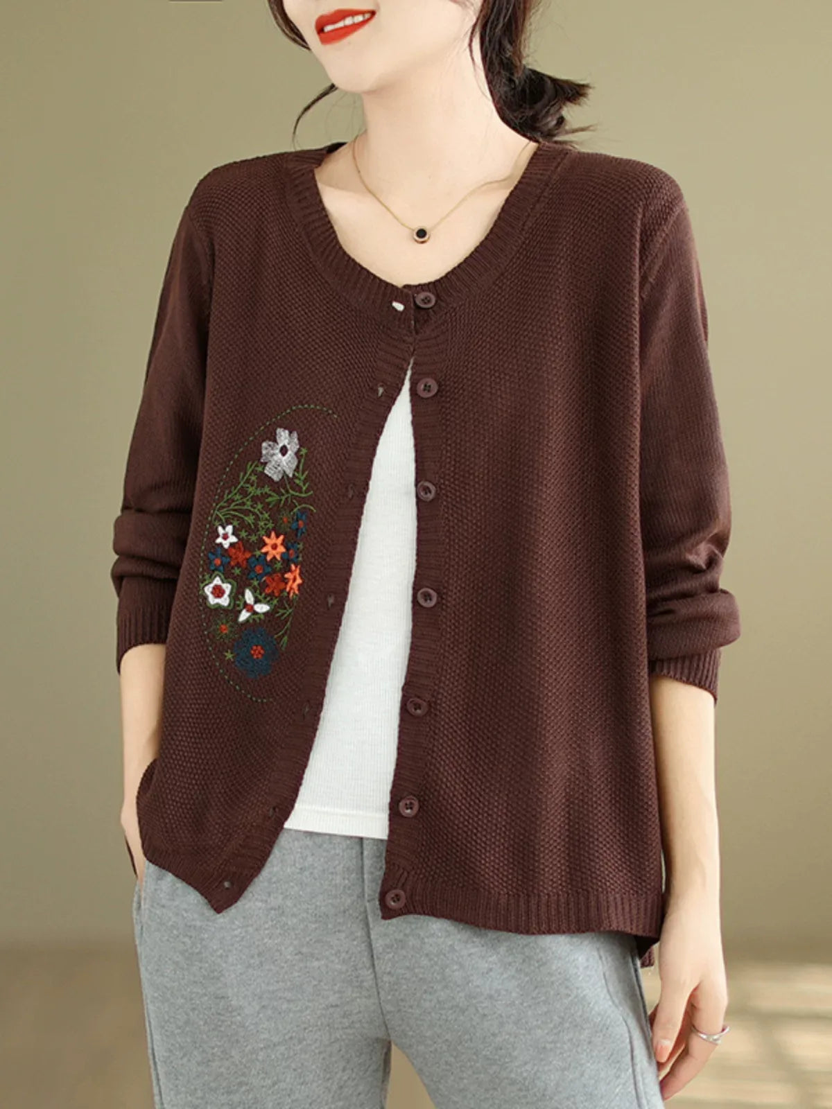 Floral Embroidered Cotton Knit Button Front Cardigan