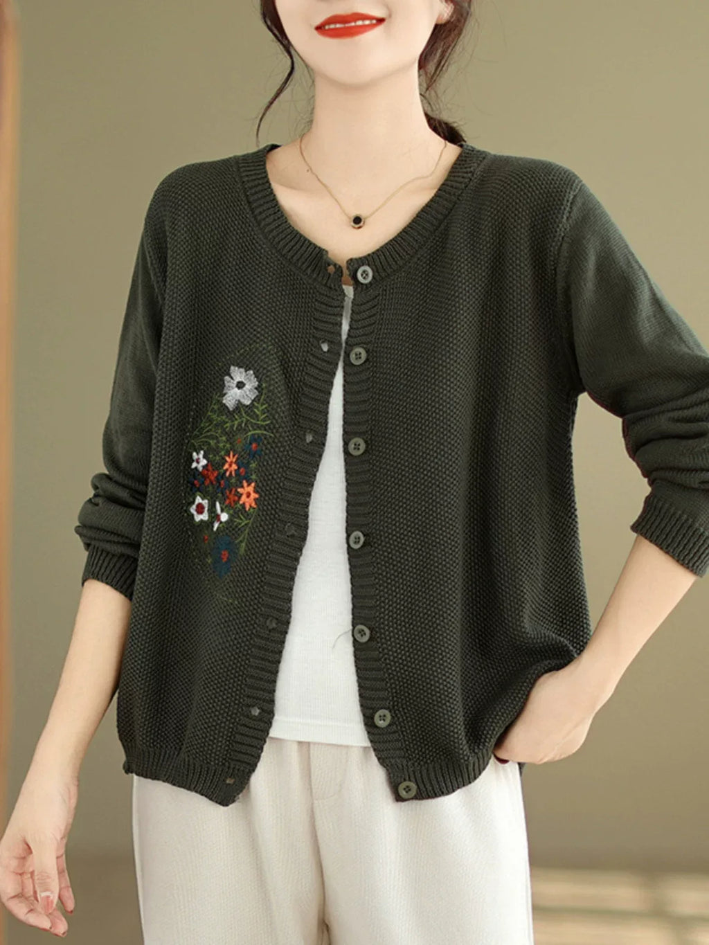 Floral Embroidered Cotton Knit Button Front Cardigan