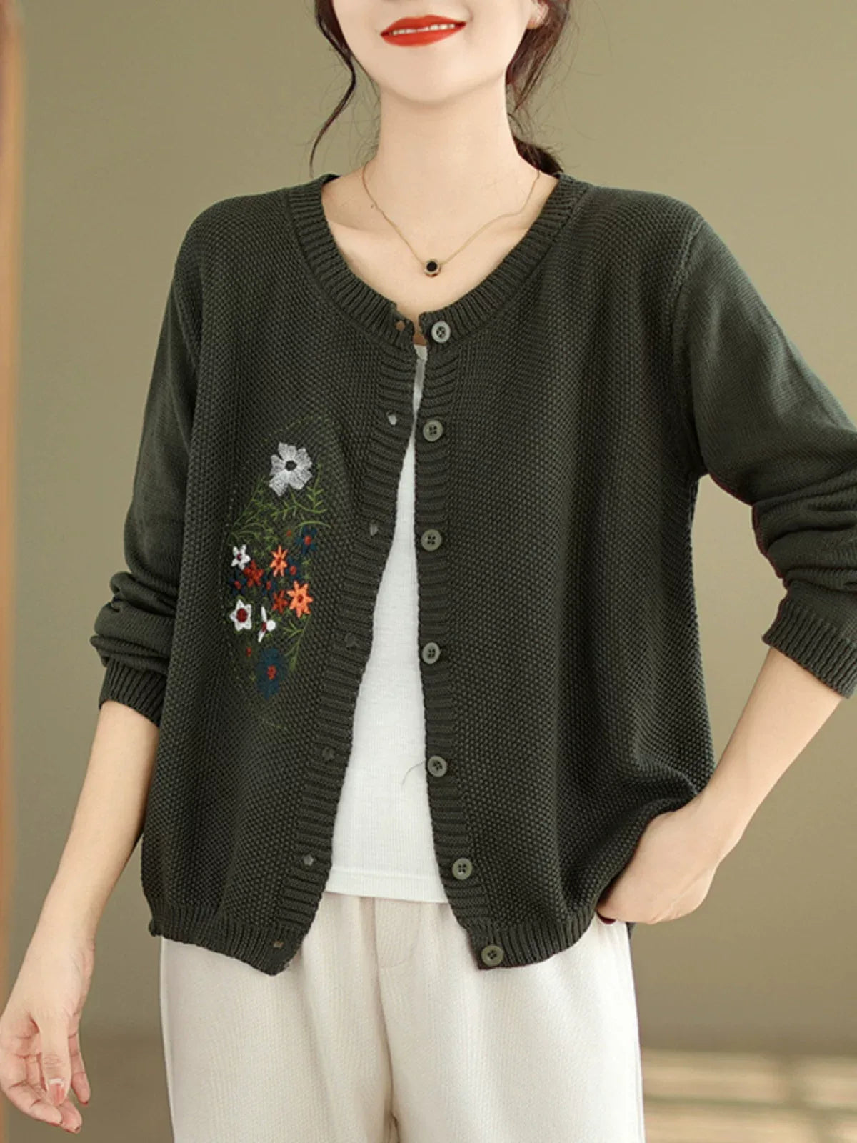 Floral Embroidered Cotton Knit Button Front Cardigan